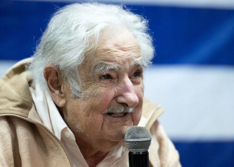 Former Uruguayan President José "Pepe" Mujica speaks during a campaign rally for Uruguay's presidential candidate for the Frente Amplio party, Yamandu Orsi, at Club Cerveceros in Montevideo, on November 19, 2024. - Uruguay's heads for the next November 24 election run-off, where a leftist history teacher supported by Mujica and a center-right veterinarian will duel for the presidency of Uruguay. (Photo by Santiago Mazzarovich / AFP)